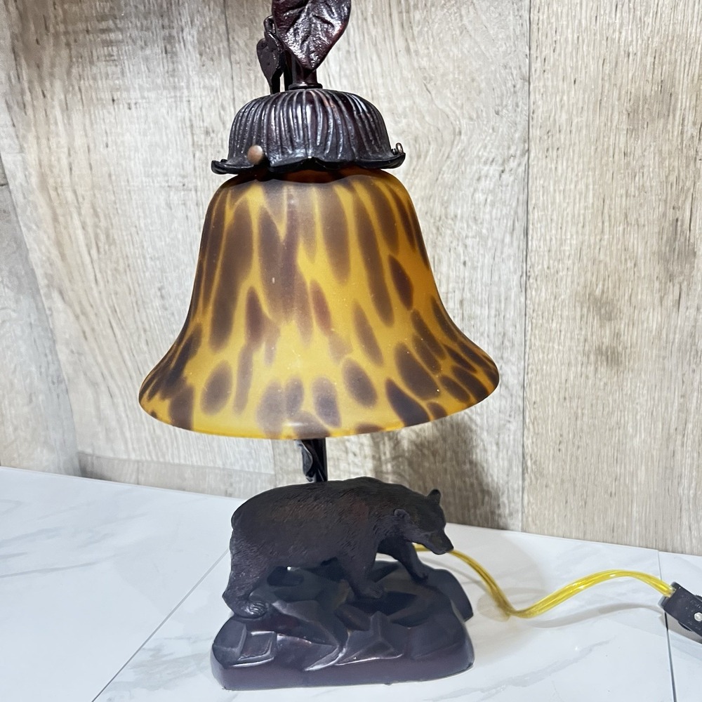 Vtg Art Nouveau/Liberty Metal Bear Lamp Amber Glass Shade MINT Cabin/Lake Decor - Picture 7 of 8